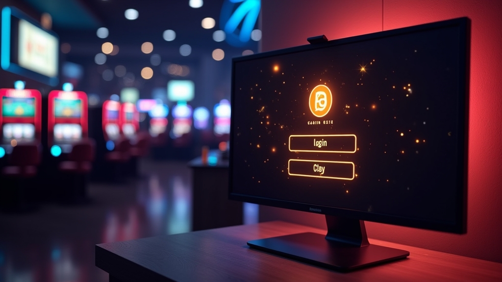 Panel logowania na ekranie komputera w ciemnym, neonowym otoczeniu kasyna