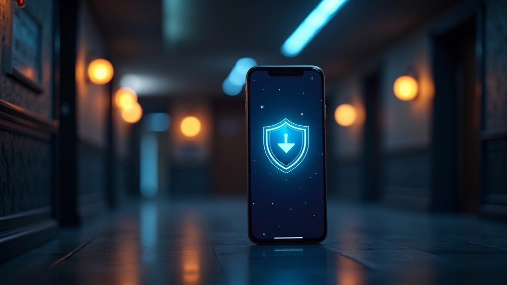 Smartfon z instalacją aplikacji kasynowej i ikoną bezpieczeństwa na ciemnym tle